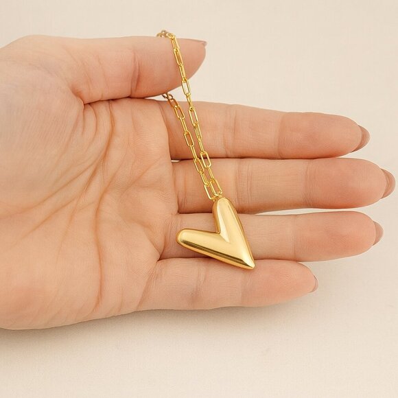 Gold Heart Pendant Necklace with Paperclip Chain | Modern Minimalist Jewelry - Picture 2 of 4